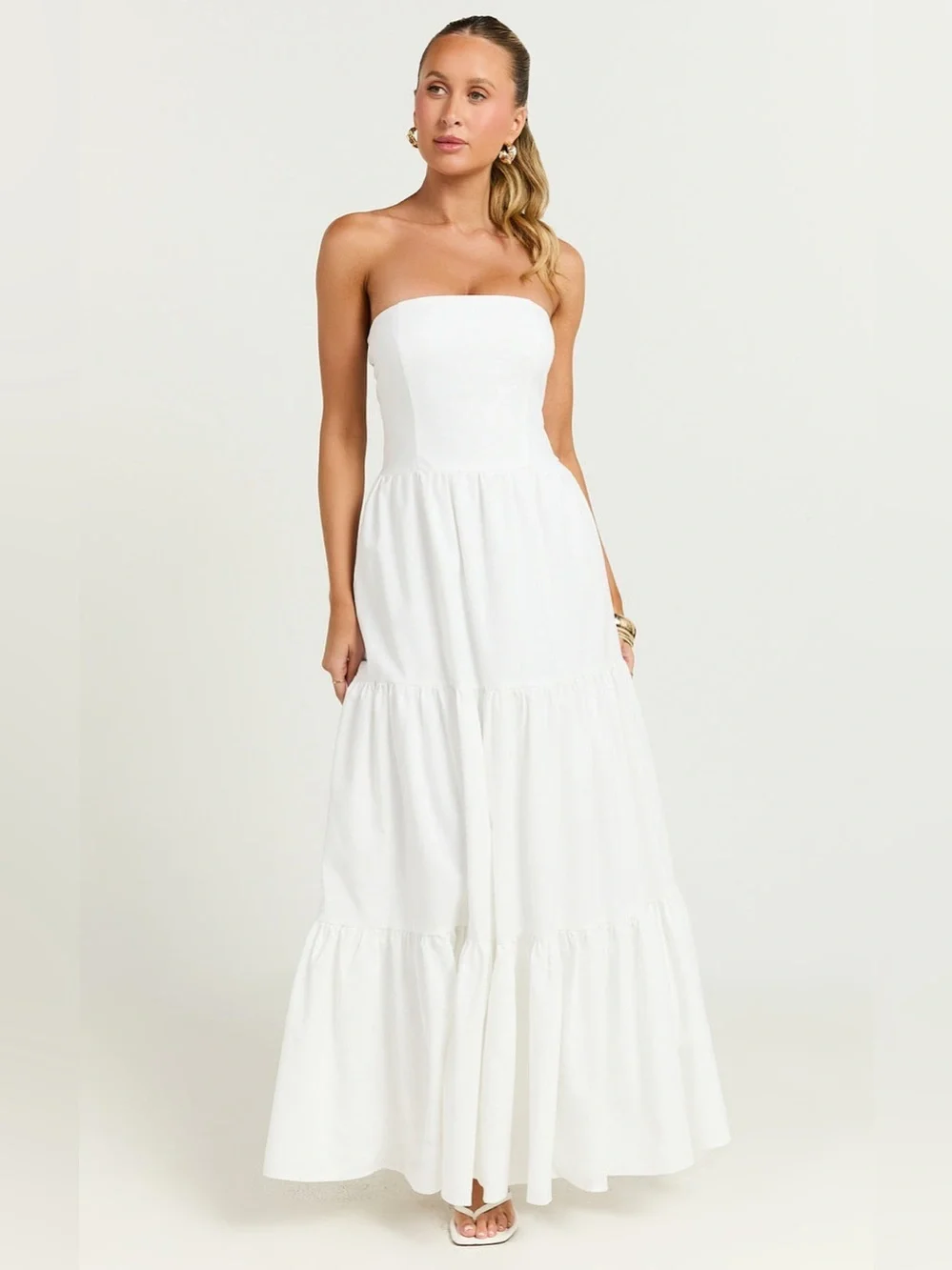 SHOWPO Trish Strapless Tiered Maxi Dress In White - Picture 3 of 7